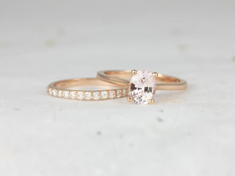 1.26ct Ready to Ship Skinny Lois & Tiffani 14kt Rose Gold Peach Champagne Sapphire Diamonds Oval Bridal Set - Rosados Box