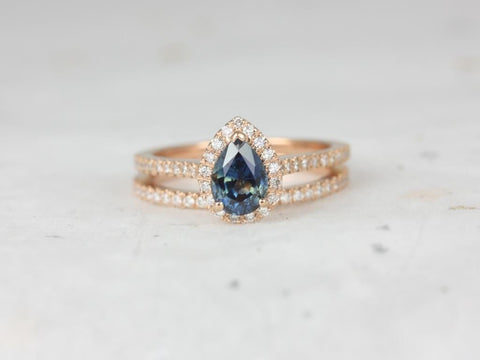 1.08ct Ready to Ship Tabitha 14kt Rose Gold Ocean Teal Sapphire Diamonds Pear Halo Bridal Set - Rosados Box