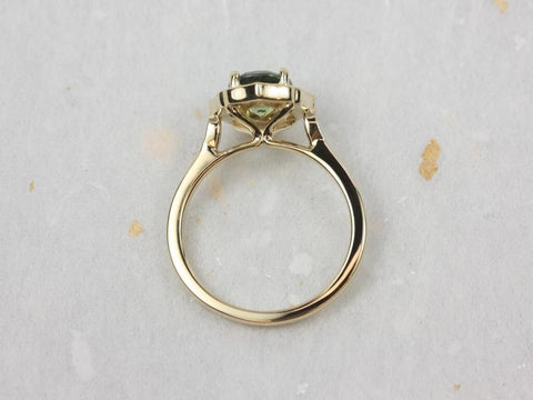 1.69ct Ready to Ship Mae 14kt Gold Lightning Ocean Teal Sapphire Diamond WITH Milgrain Oval Halo Ring - Rosados Box