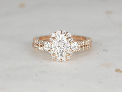 1.50ct Bridgette 8x6mm 14kt Moissanite Diamond Unique Halo Bridal Set - Rosados Box