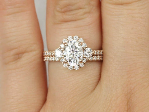 1.50ct Bridgette 8x6mm 14kt Moissanite Diamond Unique Halo Bridal Set - Rosados Box