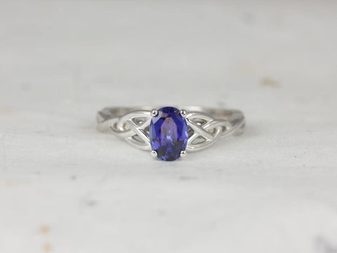 Ready to Ship Ciara 7x5mm 14kt White Gold Blue Sapphire Celtic Knot Triquetra Oval Solitaire Ring,Unique Celtic Knot Ring, Celtic Oval Ring
