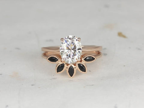 2cts Oval Moissanite Onyx Thin Cathedral Solitaire Bridal Set, 14kt Solid Rose Gold, Delia 9x7mm & Petunia, Rosados Box - Rosados Box