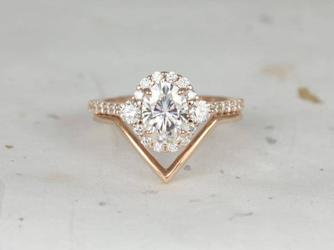 1.50ct Bridgette 8x6mm & Femme 14kt Rose Gold Moissanite Diamond Unique Halo Bridal Set,Oval Engagement Ring Set,Wedding Ring Set