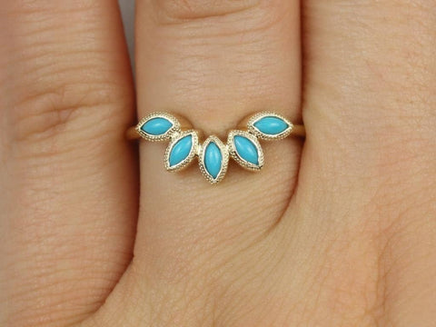 Ready to Ship Petunia 14kt Yellow Gold Marquise Turquoise Leaves WITH Milgrain Tiara Nesting Ring - Rosados Box