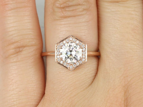 1.25ct Willis 7mm 14kt Rose Gold Moissanite Diamond WITHOUT Milgrain Hexagon Halo Ring - Rosados Box