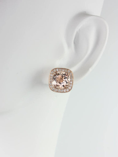 Ready to Ship Rheine 8mm 14kt Rose Gold Morganite Diamond WITH Milgrain Cushion Halo Necklace