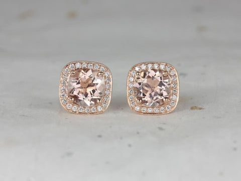 Ready to Ship Rheine 8mm 14kt Rose Gold Morganite Diamond WITH Milgrain Cushion Halo Necklace