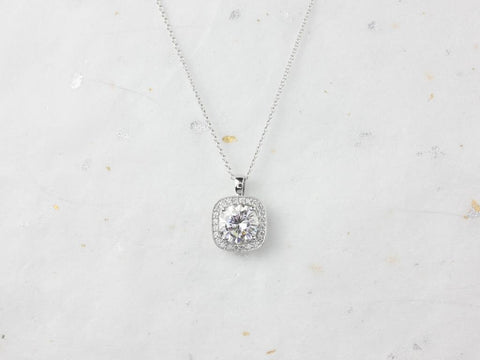 2ct Ready to Ship Rheine 14kt White Gold Moissanite Diamonds Cushion Halo Necklace - Rosados Box