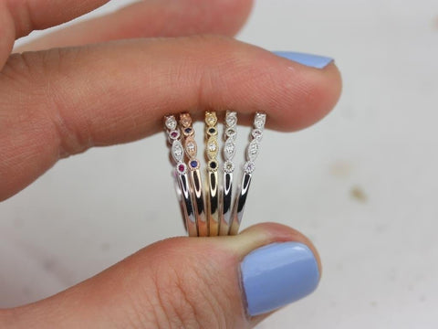 Gwen 14kt Gold Red Blue Black Yellow Pink Sapphire Diamond WITH Milgrain HALFWAY Eternity Ring - Rosados Box