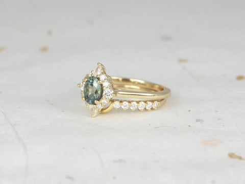 0.92ct Ready to Ship Maris 14kt Gold Oval Jungle Teal Sapphire Diamonds Star Unique Oval Halo Bridal Set - Rosados Box