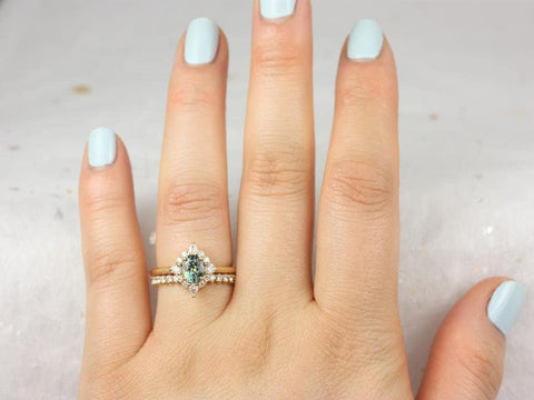 0.92ct Ready to Ship Maris 14kt Gold Oval Jungle Teal Sapphire Diamonds Star Unique Oval Halo Bridal Set - Rosados Box