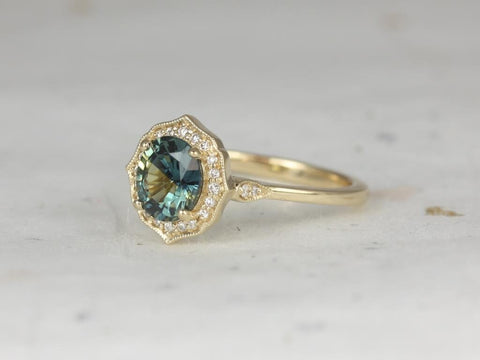 1.69ct Ready to Ship Mae 14kt Gold Lightning Ocean Teal Sapphire Diamond WITH Milgrain Oval Halo Ring - Rosados Box