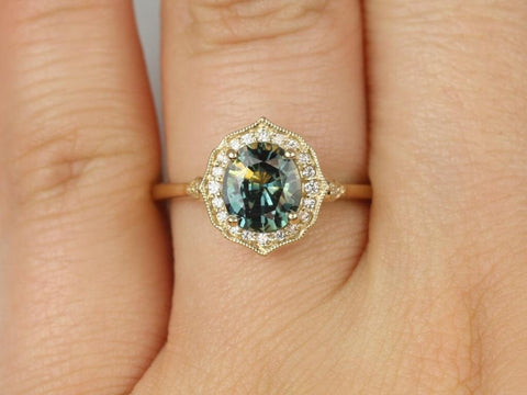 1.69ct Ready to Ship Mae 14kt Gold Lightning Ocean Teal Sapphire Diamond WITH Milgrain Oval Halo Ring - Rosados Box