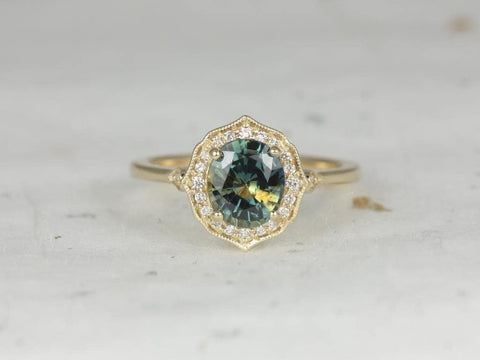 1.69ct Ready to Ship Mae 14kt Gold Lightning Ocean Teal Sapphire Diamond WITH Milgrain Oval Halo Ring - Rosados Box
