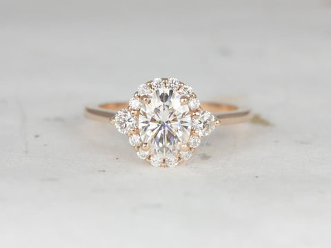 1.50cts Britney 8x6mm 14kt Moissanite Diamonds Unique Oval Halo Ring - Rosados Box