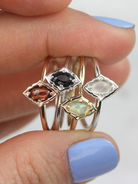 Ready to Ship Sterling Silver Leanne 5x3mm Oval Moonstone Unique Bezel Scalloped Ring (S.L.A.Y. Collection) - Rosados Box