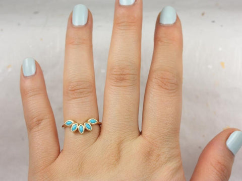 Ready to Ship Petunia 14kt Yellow Gold Marquise Turquoise Leaves WITH Milgrain Tiara Nesting Ring - Rosados Box