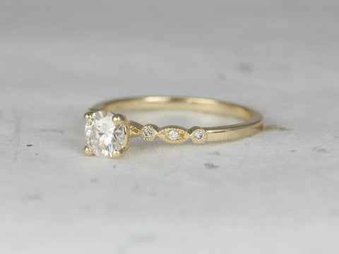 0.50ct Gale 5mm 14kt Gold Moissanite Diamond WITH Milgrain Art Deco Dainty Round Solitaire Engagement Ring
