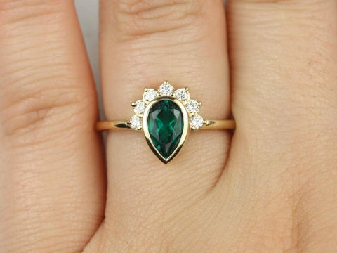 Oana 8x5mm 14kt Gold Green Emerald Diamond Modern Bezel Crescent Half Halo Unique Pear Ring,May Birthstone,Birthstone Jewelry