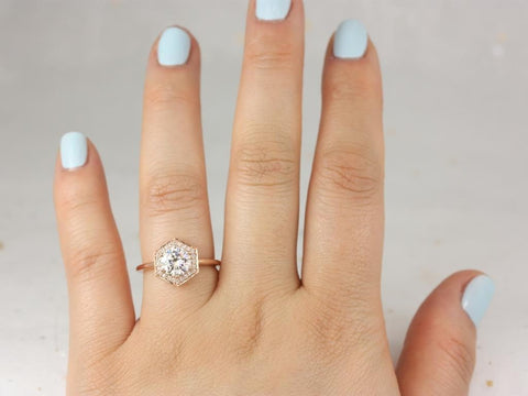 1.25ct Willis 7mm 14kt Rose Gold Moissanite Diamond WITHOUT Milgrain Hexagon Halo Ring - Rosados Box