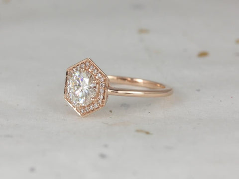 1.25ct Willis 7mm 14kt Rose Gold Moissanite Diamond WITHOUT Milgrain Hexagon Halo Ring - Rosados Box
