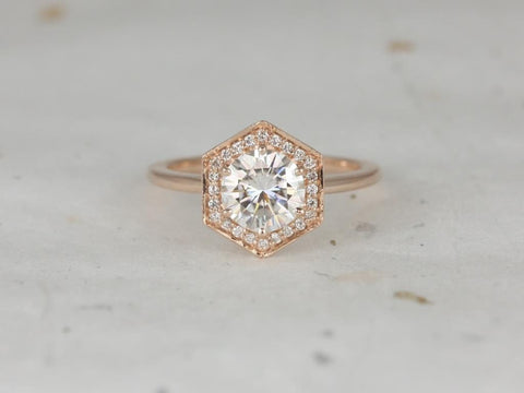 1.25ct Willis 7mm 14kt Rose Gold Moissanite Diamond WITHOUT Milgrain Hexagon Halo Ring - Rosados Box