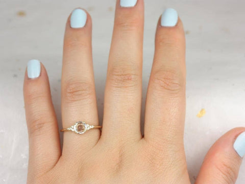 Ready to Ship Malia 6mm 14kt Gold Rose Cut Sapphire Diamonds Dainty Round 3 Stone Cluster Ring,Rosados Box