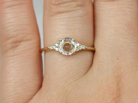 Ready to Ship Malia 6mm 14kt Gold Rose Cut Sapphire Diamonds Dainty Round 3 Stone Cluster Ring,Rosados Box