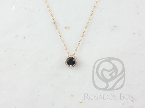 Ready to Ship Gemma 5mm 14kt Rose Gold Round Black Onyx and Diamonds Halo Floating Necklace