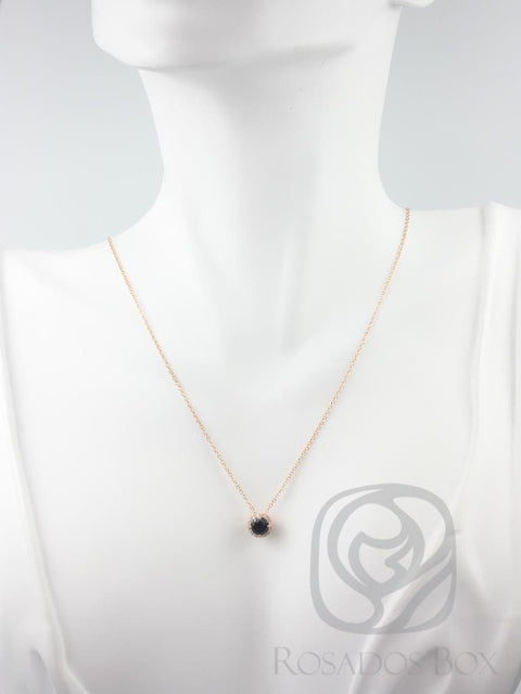 Ready to Ship Gemma 5mm 14kt Rose Gold Round Black Onyx and Diamonds Halo Floating Necklace