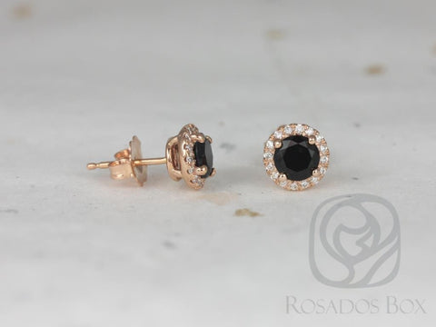 Gemma 5mm 14kt Rose Gold Round Black Onyx and Diamonds Halo Stud Earrings - Rosados Box