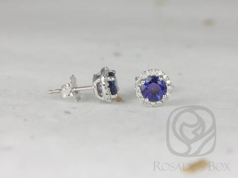 Gemma 5mm 14kt Gold Blue Sapphire and Diamond Round Halo Stud Earrings - Rosados Box