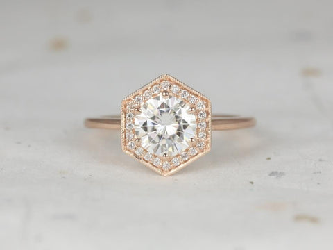 1.25ct Willis 7mm 14kt Rose Gold Moissanite Diamonds WITH Milgrain Art Deco Hexagon Halo Ring - Rosados Box