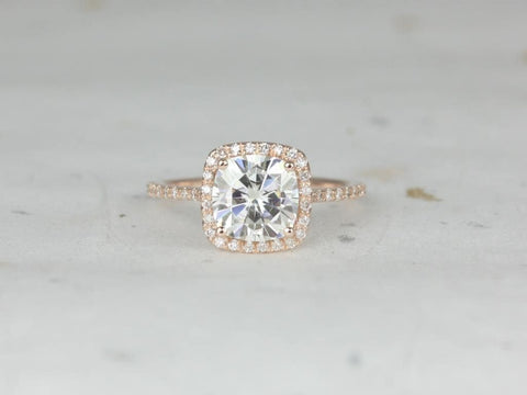2ct Catalina 7.5mm 14kt Rose Gold Moissanite Diamond Minimalist Cushion Halo Ring,Dainty Cushion Halo Ring,Cushion Engagement Ring
