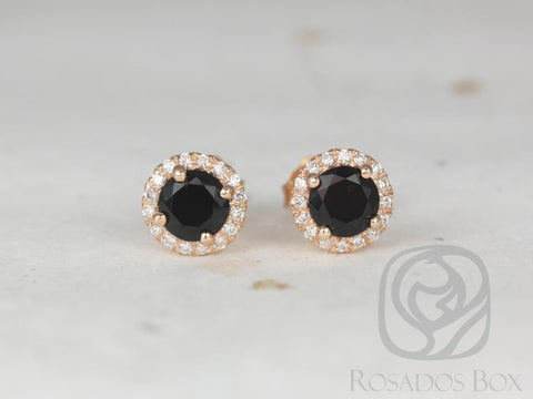 Gemma 5mm 14kt Rose Gold Round Black Onyx and Diamonds Halo Stud Earrings