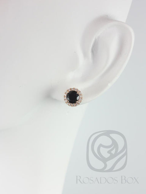 Gemma 5mm 14kt Rose Gold Round Black Onyx and Diamonds Halo Stud Earrings - Rosados Box
