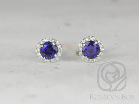 Gemma 5mm 14kt Gold Blue Sapphire and Diamond Round Halo Stud Earrings