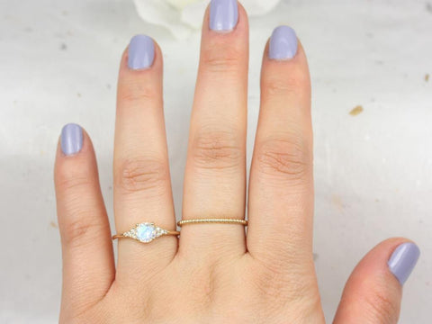 Malia 6mm 14kt Gold Rainbow Moonstone Sapphire Art Deco Cluster Ring - Rosados Box