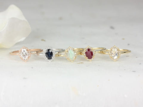 Mini Mae 6x4mm 14kt Gold Opal Diamond WITH Milgrain Unique Oval Halo Ring - Rosados Box