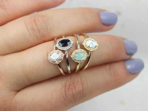 Mini Mae 6x4mm 14kt Gold Opal Diamond WITH Milgrain Unique Oval Halo Ring - Rosados Box