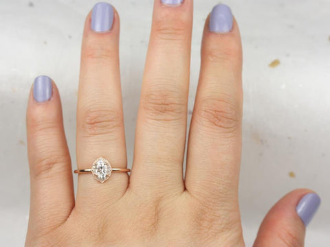 0.50cts Mini Mae 6x4mm 14kt Gold WITH Milgrain Moissanite Diamond Oval Halo Ring - Rosados Box