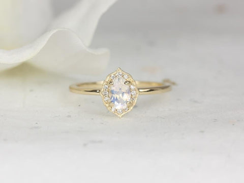 Ready to Ship Mini Mae 6x4mm 14kt Gold WITH Milgrain Moonstone Diamond Oval Halo Ring - Rosados Box