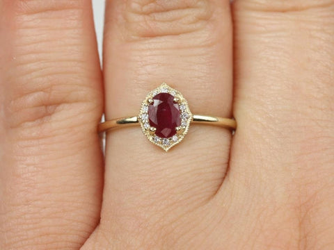 Mini Mae 6x4mm 14kt Gold Ruby Diamond Oval Halo WITH Milgrain Ring - Rosados Box