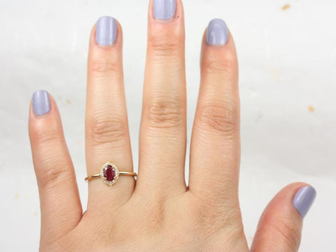 Mini Mae 6x4mm 14kt Gold Ruby Diamond Oval Halo WITH Milgrain Ring - Rosados Box