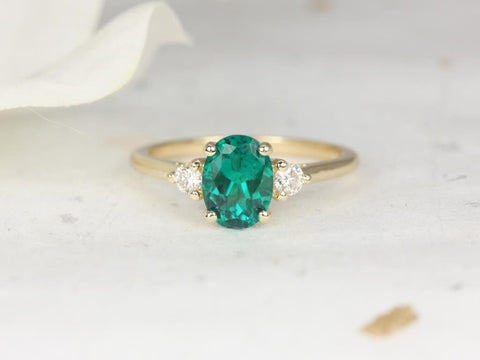 Gloria 8x6mm 14kt Gold Green Emerald Diamond 3 Stone Oval Engagement Ring - Rosados Box