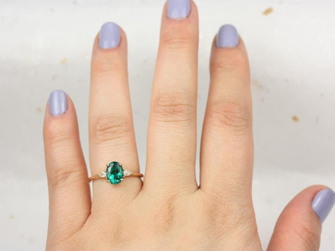 Petite Emery 8x6mm 14kt Gold Green Emerald Diamond Three Stone Oval Ring - Rosados Box