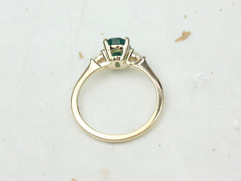 Petite Emery 8x6mm 14kt Gold Green Emerald Diamond Three Stone Oval Ring - Rosados Box