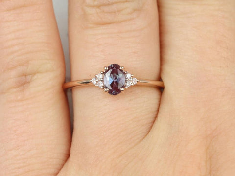 Ready to Ship Juniper 6x4mm 14kt Rose Gold Alexandrite Sapphire Dainty 3 Stone Stack Ring,Oval Cluster Ring,June Birthstone,Alexandrite Ring