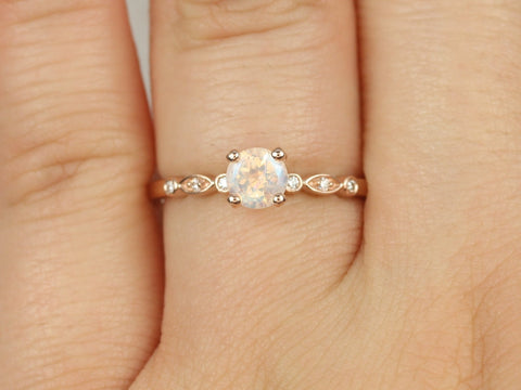 Gale 5mm 14kt Gold Rainbow Moonstone Diamonds WITHOUT Milgrain Art Deco Round Solitaire Ring - Rosados Box